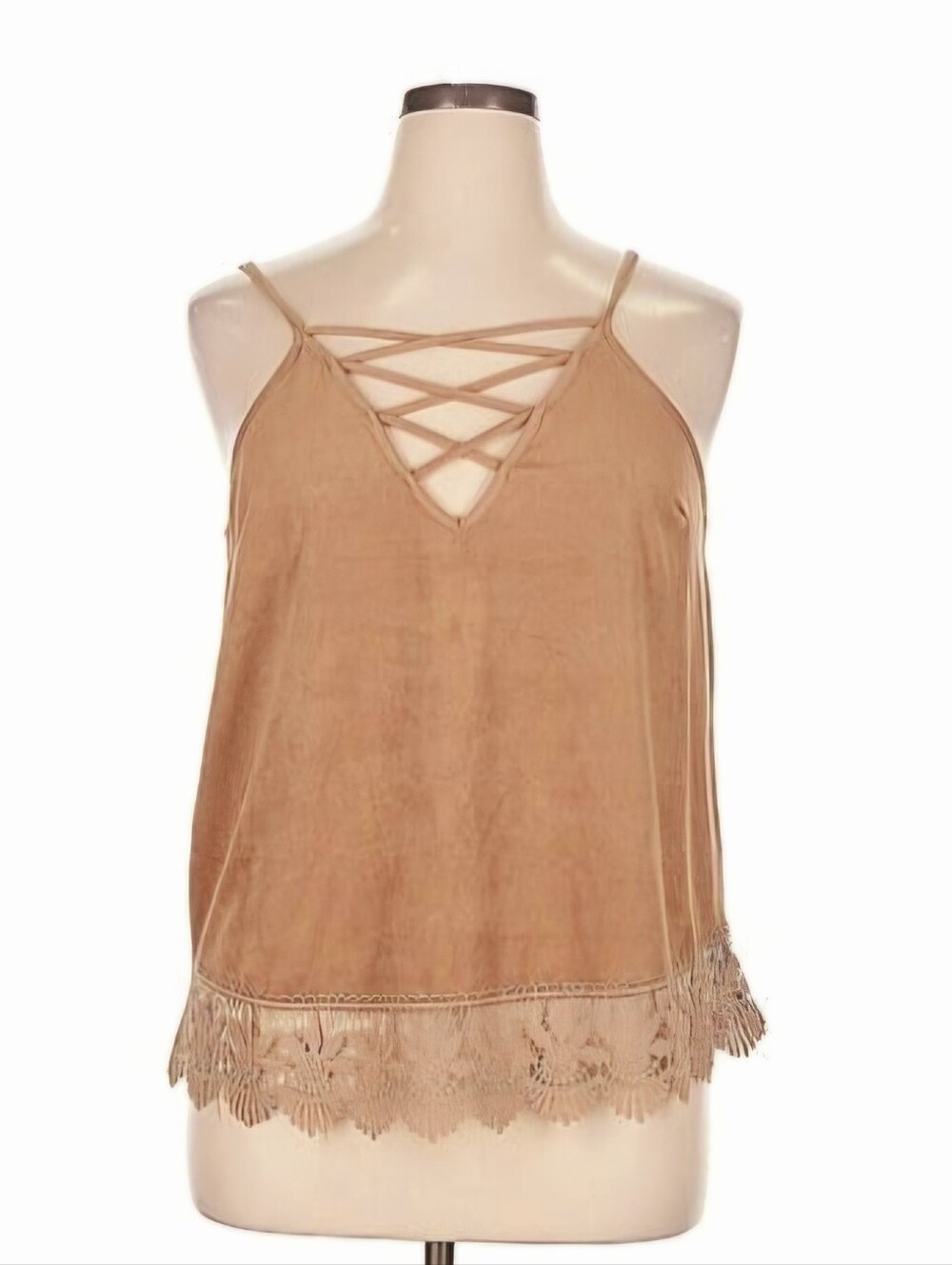 Charlotte Russe Coffee Colored Faux Suede Crisscross Lace-Hem Cami Sz